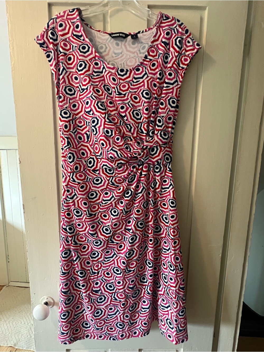 Red, White, Blue, & Pink Geometric Ruched Sheath Dress